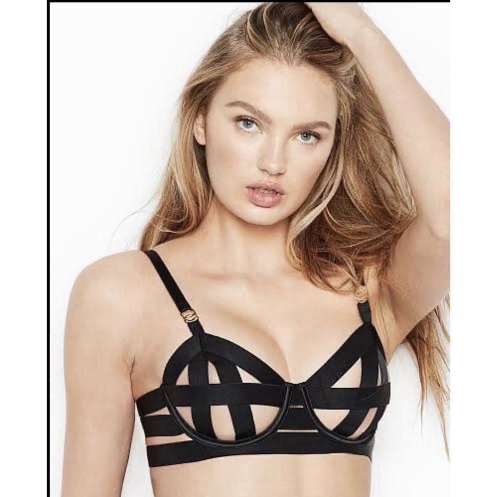 Victoria's Secret Luxe Lingerie 32DD Black Strappy Balconet Bra Gothic Glam